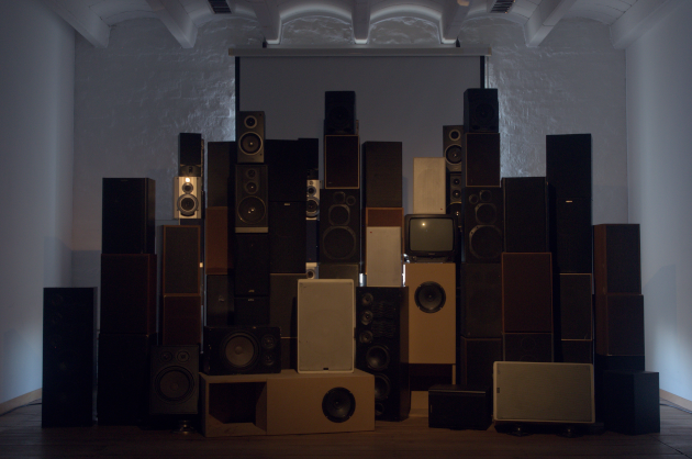 setup of speakers resembling geological formations